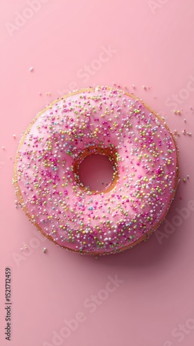 Colorful Pink Frosted Donut With Sprinkles on a Soft Pink Background.