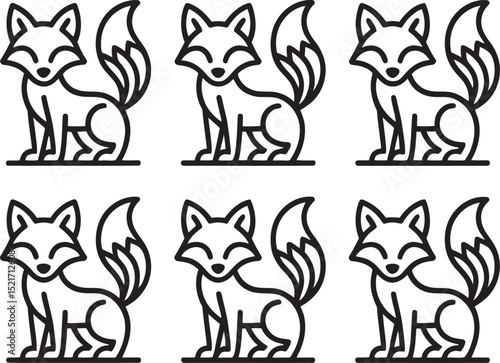 Simple and modern black and white line art illustration of sitting foxes in various arrangements