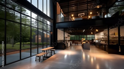 Spacious modern industrial open-plan space with large windows.