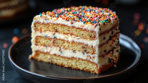 Wallpaper Mural A slice of layered cake covered in white frosting and colorful sprinkles sits. Perfect for celebrating birthdays or for use in dessert-related content. Torontodigital.ca