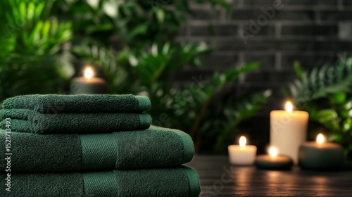 Relaxing Spa Setting With Green Towels and Soft Candlelight for a Calming Atm...