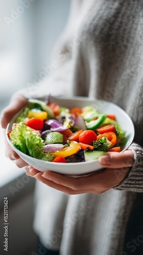 Fresh Salad Served by a Person in a Cozy Kitchen Setting During Daytime.