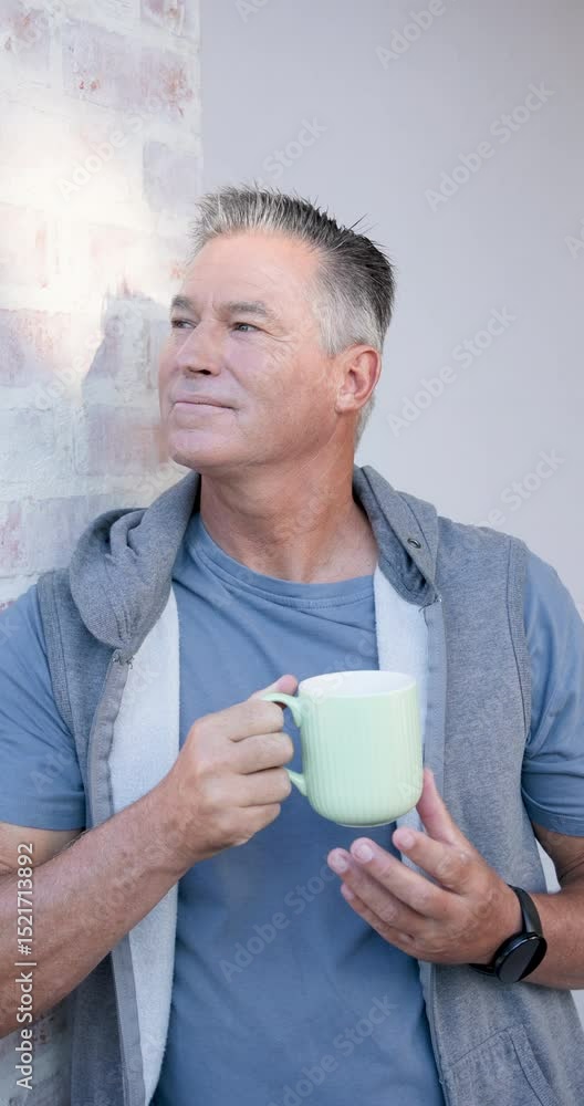 Vertical video: Mature man enjoying morning coffee by pool, wearing casual blue shirt Vertical video: Mature man enjoying morning coffee by pool, wearing casual blue shirt