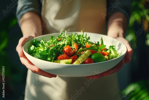 Fresh Salad Preparation With Vibrant Vegetables and Herbs in a Modern Kitchen.
