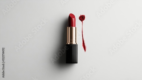 Classic Red Lipstick and Swatch on a Clean Surface Displaying Beauty Essentia...
