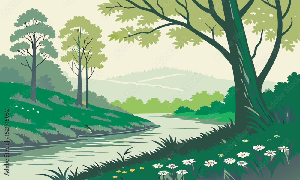 Naklejka premium Landscape with trees and river vector illustration.