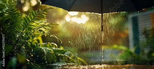 Raindrops Falling Under a Partially Open Umbrella in a Lush Garden During Lat...