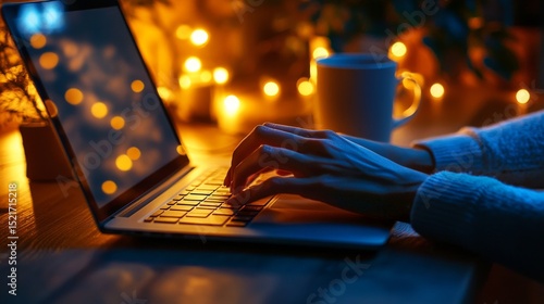 Creating a Cozy Workspace With Warm Lights and a Laptop During the Evening Ho...