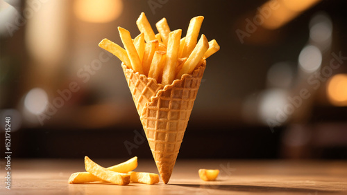 A cone filled with golden, crispy french fries, with a few stray fries on the side.