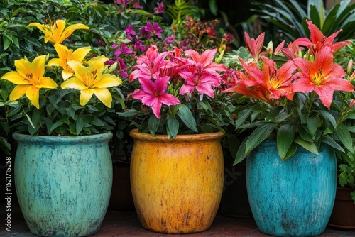 Wallpaper Mural Colourful flowers on pots, A variety of colorful flowers blooming in decorative pots, showcasing vibrant hues and lush greenery Torontodigital.ca