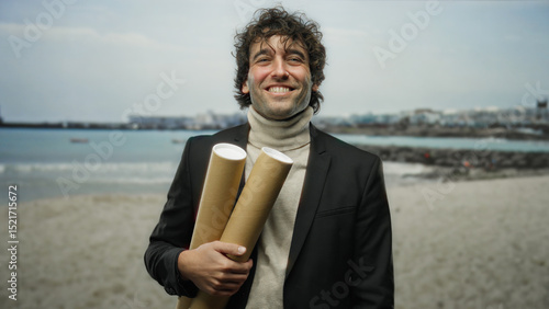 Young hispanic man smiling confidently at seaside beach with document tubes in hand under a cloudy sky capturing coastal optimism and professional style
