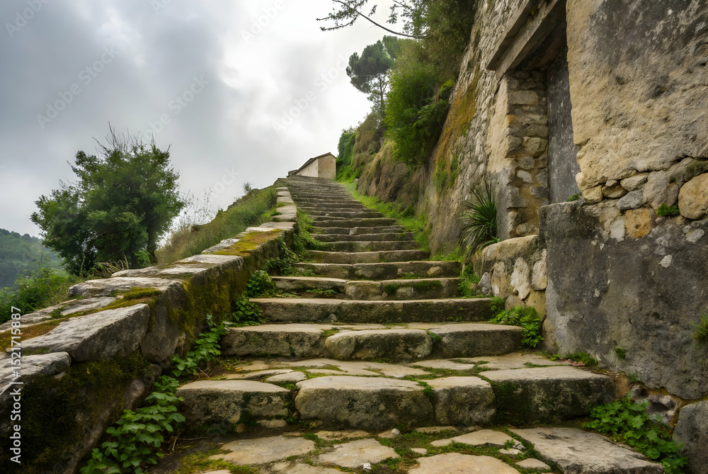 Winding Stone Steps Leading Upward Through Lush Greenery and Historical Architecture Under Cloudy Sky in Peaceful Natural Setting Winding Stone Steps Leading Upward Through Lush Greenery and Historical Architecture Under Cloudy Sky in Peaceful Natural Setting