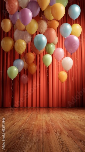 Colorful Balloons Hanging Above Wooden Floor in a Decorated Space for a Festi...