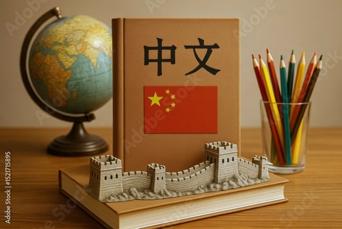 Chinese language study concept with national flag, Great Wall model, globe, and colored pencils
