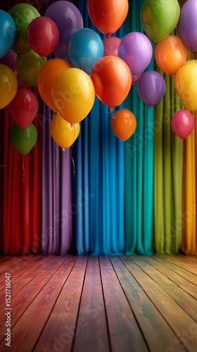 Colorful Balloons in a Festive Setting With Vibrant Curtains and Wooden Floor.