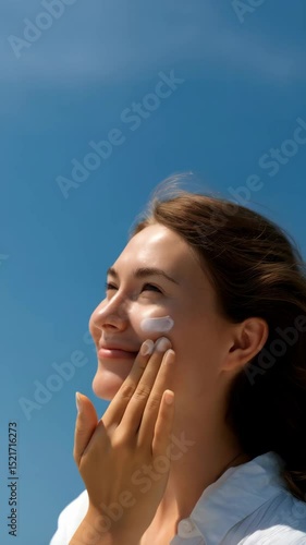 Attractive woman applying sunscreen lotion on her face under bright blue sky for skin protection during summer vacation getaway
