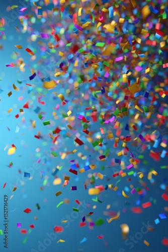 Colorful Confetti Falls Against a Blue Background During a Celebration or Fes...