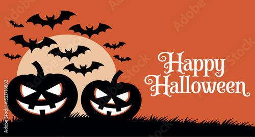 Happy Halloween Banner with Pumpkins and Flying Bats Silhouette

