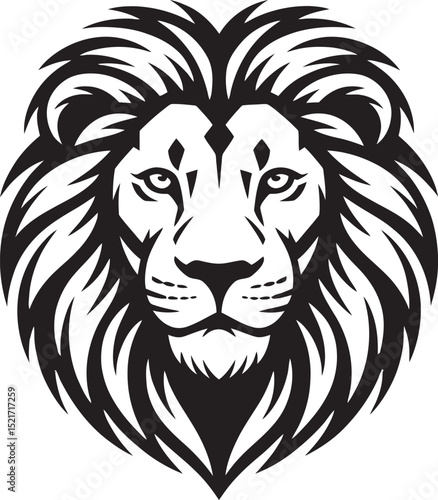Powerful black and white illustration of a regal lion head representing strength and majestic authority symbolism