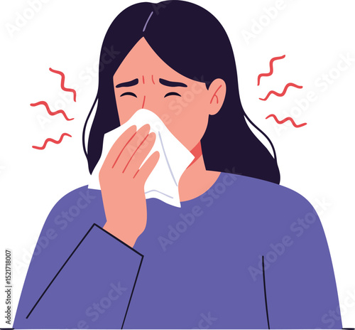 Woman sneezing with tissue showing cold or allergy symptoms in purple clothing vector illustration 