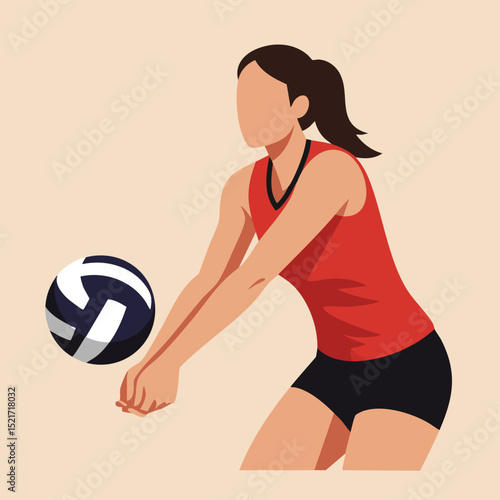 Female volleyball player in red tank top and black shorts bumping ball vector illustration 
