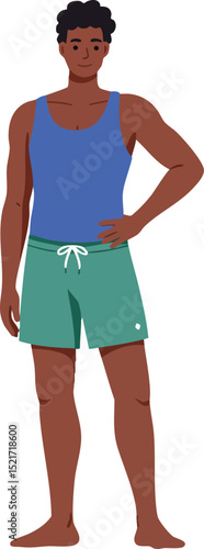 Young man standing in casual summer outfit with blue tank top and green shorts vector illustration 