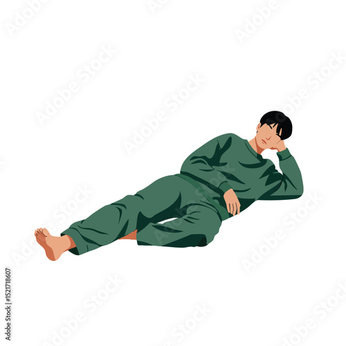 Young man lying down resting in casual green outfit vector illustration in relaxed pose 