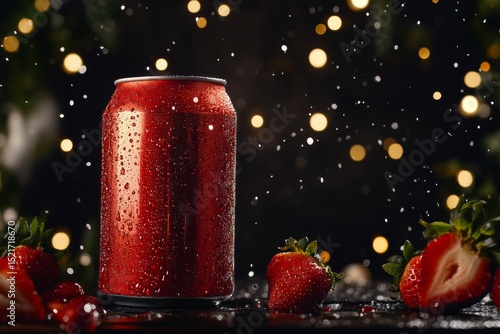 Refreshing Drink Can Beside Ripe Strawberries With Water Droplets on a Dark B...