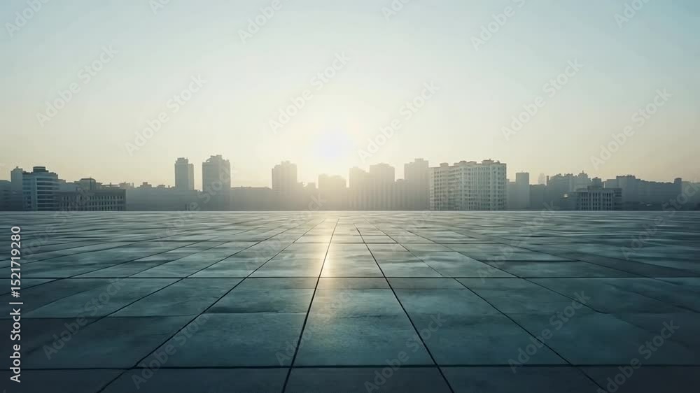 Empty paved plaza facing a hazy cityscape at sunrise Empty paved plaza facing a hazy cityscape at sunrise