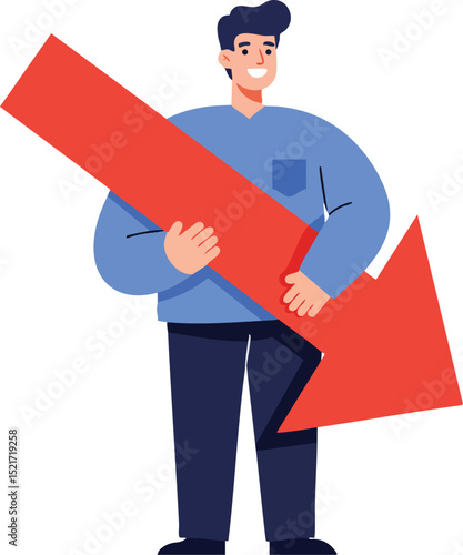 Man holding large red downward arrow symbolizing decrease or decline in business or finance vector illustration 