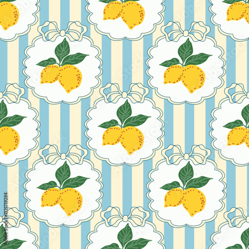 Lemon pattern with bows and frames. Hand drawn vector print. Stripe, citrus, summer vibe. Coastal, vintage style. Great for fabric, paper, decor.