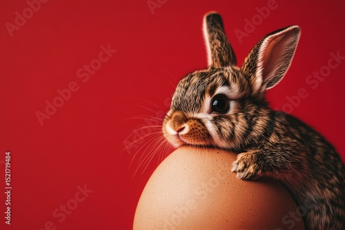 Cute Rabbit Emerging From a Cracked Egg Against a Vibrant Red Background.