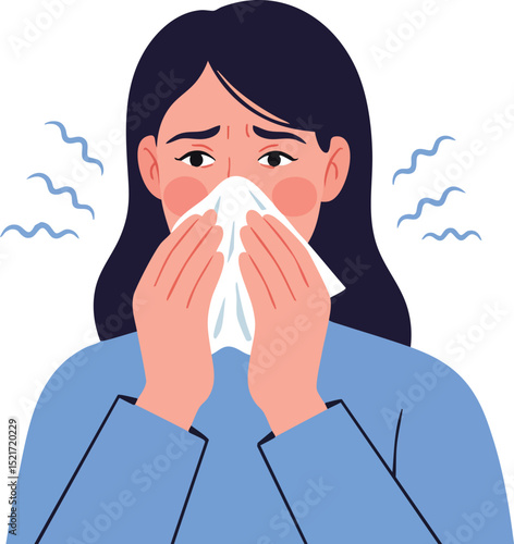 Woman with cold symptoms blowing nose on tissue feeling sick and unwell in blue clothes vector illustration 