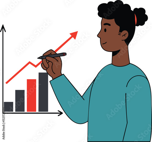 Young woman drawing upward trending graph with red and black bars showing business growth and success vector illustration 