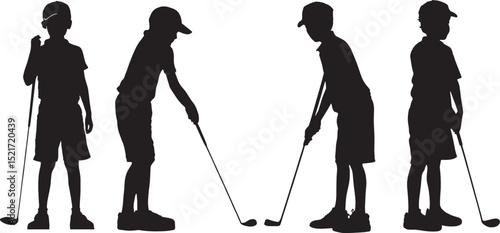 A bundle of four unique boy golfer silhouettes in various poses – standing, swinging, putting. Ideal for SVG packs, youth golf merch, and educational tools.