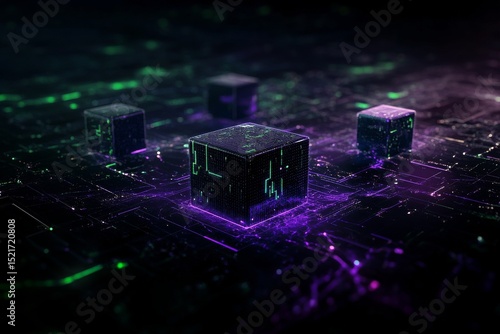 Floating Cubes With Glowing Edges in a Dark Cosmic Background During a Digita...