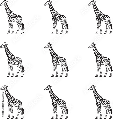 Repeated black and white giraffe silhouettes on white background suitable for wildlife and animal related designs