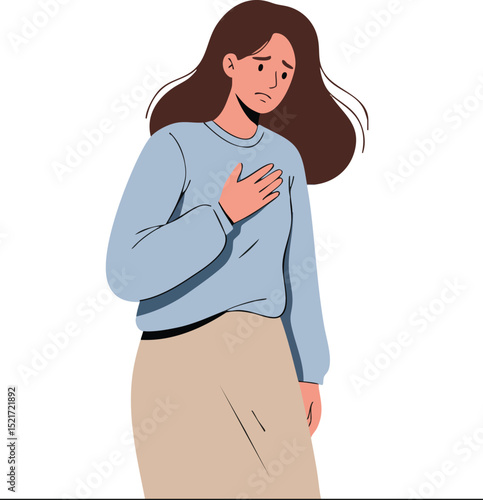 Young woman feeling heart pain with anxious expression in casual clothing vector illustration 