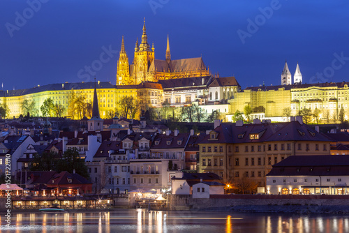 Prague Hradcany and St Vitus Cathedral illuminated at dawn in Prague, Czech Republic