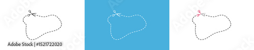 Cut scissors icon. Border icons in vector design style. Cur paper graphic sign. Dotted line.