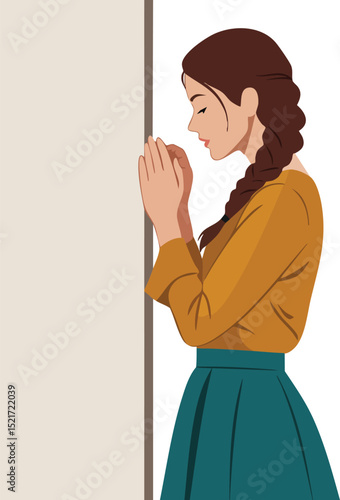 Woman praying deeply with eyes closed and hands near wall in calm peaceful moment vector illustration 