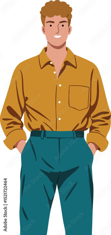 Obraz premium Young man standing with hands in pockets wearing mustard shirt and teal pants casual style vector illustration 