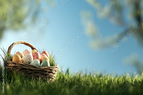 Colorful Easter Eggs Arranged in a Basket Resting on Lush Grass Under a Clear...