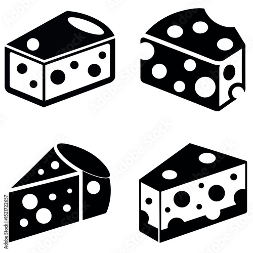 Four Black and White Cheese Icons Block, Slice, Gouda Style, and BiteSized