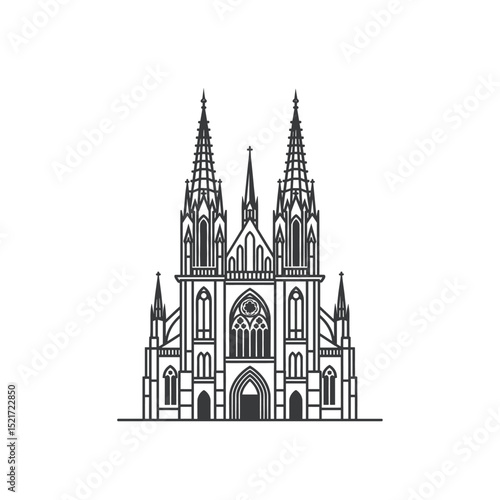 Gothic Cathedral Line Art Illustration - Detailed Architectural Landmark Building