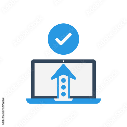 Successful Laptop Upload or Update Icon - Up Arrow from Screen and Confirmation Checkmark
