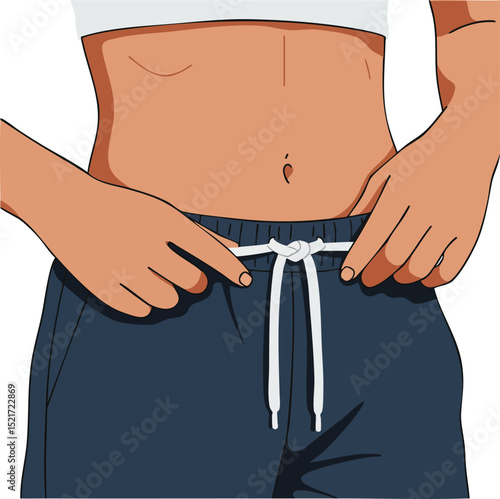 Female torso tying white drawstring on navy blue sweatpants close up vector illustration 