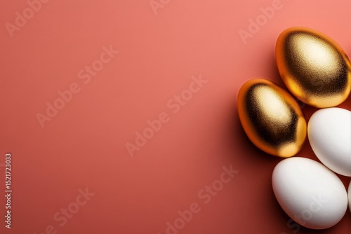 Decorative Golden and White Eggs Arranged on a Coral Background for Celebration