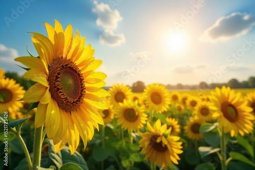 A vibrant sun shines on a field of blooming sunflowers, radiating joy and optimism The bright yellow blossoms evoke feelings of pure, unadulterated happiness and positive energy , joy, blooming