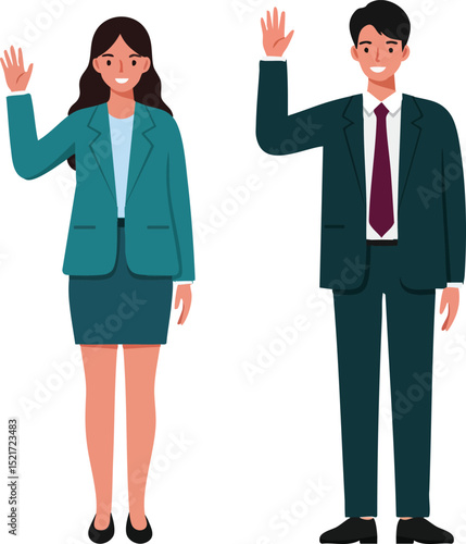 Businesswoman and businessman waving hand in formal suits for professional greeting and communication vector illustration 